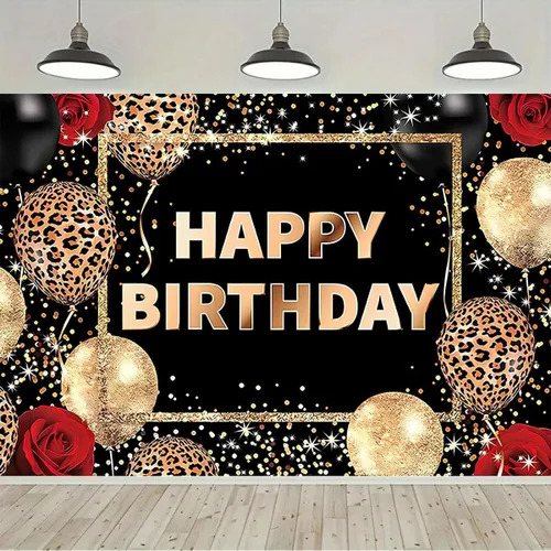 Telón de fondo de feliz cumpleaños con estampado de leopardo negro y dorado, globos de guepardo, fondo de fotografía de rosa roja, para mujeres y