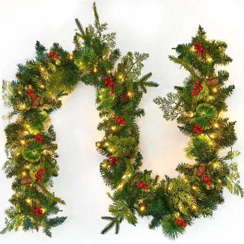 Guirnalda de Navidad de 9 pies con luces, guirnalda preiluminada para decoración de Navidad para escaleras, barandilla con bayas y piñas, guirnalda