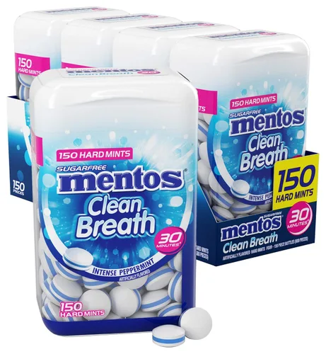 Vista 5 de Mentos Menta dura sin azúcar, 150 unidades, mezcla fresca y afrutada (paquete de 4 botellas)