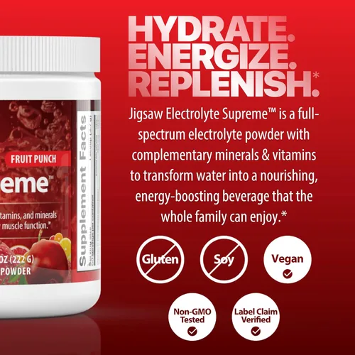 Vista 5 de Jigsaw Health Electrolyte Supreme Amplio espectro de electrolitos + oligominerales Sabor a ponche de frutas 60 porciones (tarro)