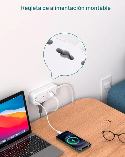 Vista 6 de Cable de extensión de 10 pies con múltiples tomas, Addtam regleta de alimentación de enchufe plano protector de sobretensiones cable largo, extensor