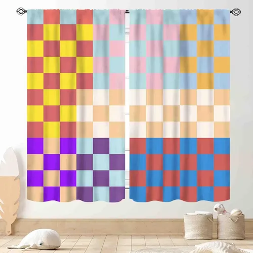 Cortinas a cuadros de los años 70, retro, vintage, hippie, estético, moderno tablero de ajedrez, lindas cortinas de ventana coloridas para sala de