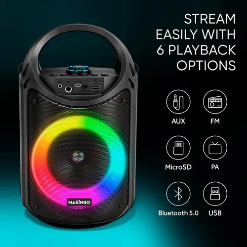Vista 7 de MASINGO Máquina de karaoke para niños y adultos con 1 micrófono inalámbrico de karaoke y 1 micrófono con cable, altavoz portátil PA con luces LED