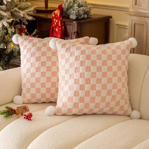Juego de 2 fundas de almohada decorativas de felpa de piel sintética con pompones, 18 x 18 pulgadas, cuadradas, suaves, de Navidad, para sofá, color
