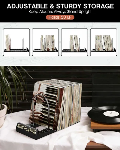 Vista 3 de BS-VOG Soporte para discos de vinilo Now Playing, almacenamiento de discos de vinilo de 50 LP con ranuras antideslizantes, soporte de disco
