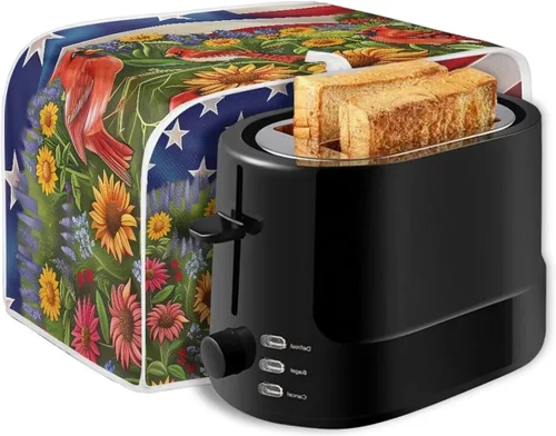 Vista 5 de Cubierta para tostadora con diseño de bandera americana y pájaros florales, protector de tostadora compatible con 2 rebanadas, cubierta protectora
