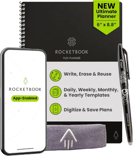 Rocketbook Flex Planificador Reutilizable, Inteligente Sin Fecha, Diario, Semanal, Mensual, Plantillas de Calendario Anual, Tamaño Ejecutivo 6 x 8.8