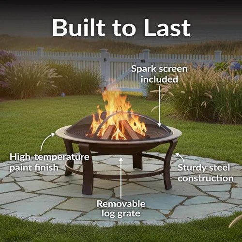 Vista 3 de Sunnydaze Cuenco elevado para hoguera de leña de 29 pulgadas con soporte, incluye pantalla de chispa, rejilla de madera y póquer