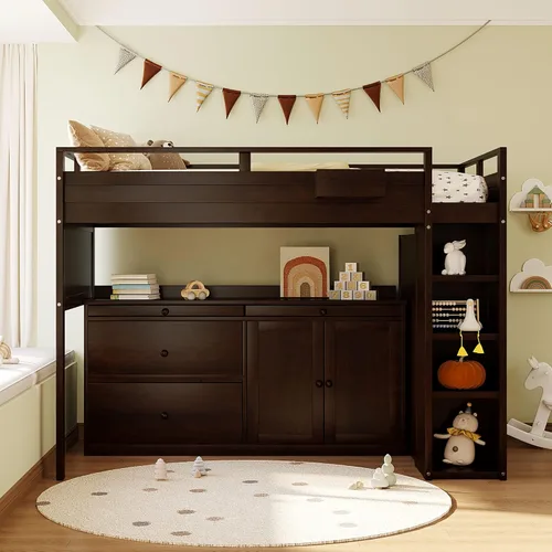 RUNNA Cama tipo loft moderna de madera con armario y escritorio Cama loft espresso+Gabinete +Escritorio