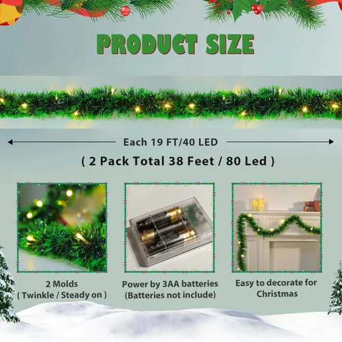 Vista 2 de Paquete de 2 guirnaldas de Navidad con luces, total de 38 pies, 80 luces LED, funciona con pilas, guirnalda larga preiluminada para escaleras