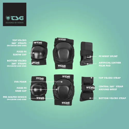 Vista 3 de TSG Juego de almohadillas básicas, todo en uno de protección para patineta, rodilleras, coderas y muñequeras, espuma de copa EVA, tapas
