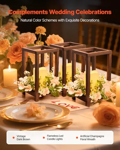 Vista 2 de VEVOR Juego de 10/30 centros de mesa de madera para bodas, incluye 10 faroles de madera, 10 velas LED sin llama, 10 coronas de flores de champán