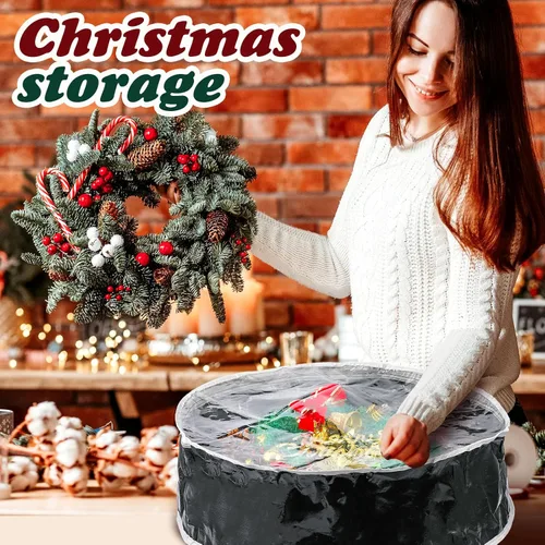 Vista 5 de Dunzy 8 Piezas Contenedor de Corona Bolsa de Almacenamiento de Corona de Navidad Guirnalda Tela Resistente a Desgarros Cajas Redondas con Ventana