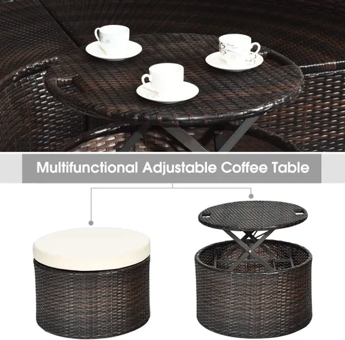 Vista 8 de Tangkula cama de día redonda para patio con dosel retráctil, juegos de muebles de exterior de mimbre y ratán, juego seccional de sofá acolchado