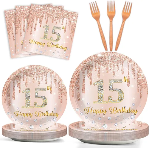 Vista 51 de 96 piezas de platos y servilletas de oro rosa para fiesta de cumpleaños número 9 para niñas, suministros de fiesta de oro rosa, juego de vajilla