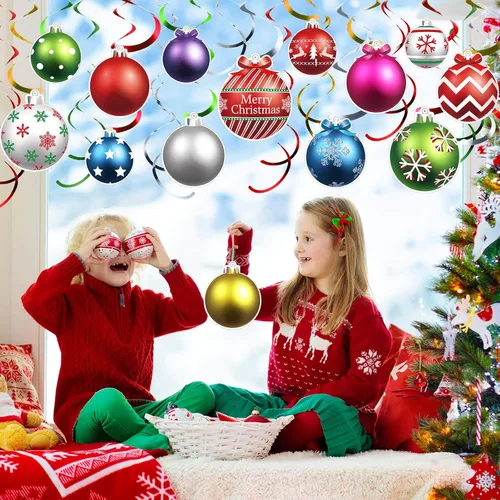 Vista 5 de 50 piezas de adornos colgantes de Navidad de papel de aluminio con remolinos, bolas de luz en forma de bombilla, adornos de remolinos para techo