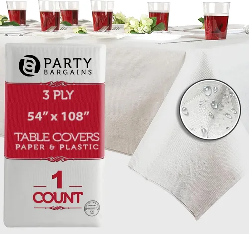PARTY BARGAINS Manteles de mesa desechables, 54 x 108 pulgadas, color blanco, 3 capas de papel y plástico, resistentes a derrames, 1 paquete