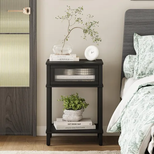 Vista 2 de Mesita de noche de madera con cajón, mesita de noche negra, estilo moderno, mesa auxiliar pequeña con estante de almacenamiento para dormitorio