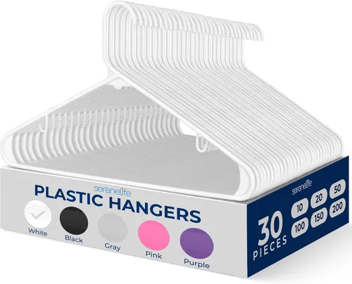 Vista 32 de SereneLife Paquete de 10 perchas de plástico negro, perchas para ropa con ganchos antideslizantes, resistentes, duraderas y ahorradoras de espacio