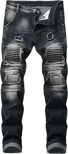 DANT BULUN Jeans de motociclista para hombre, rasgados, ajustados, rectos y con cremallera Deco