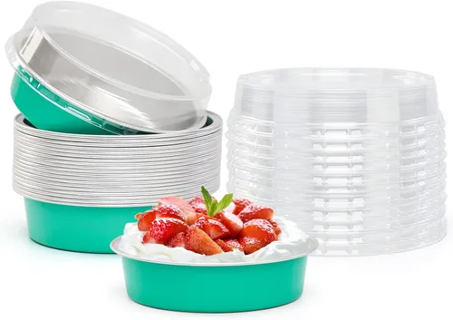 Vista 21 de Beasea Paquete de 20 Moldes para Cheesecake con Tapas, 8 Oz, 4 Pulgadas Moldes Redondos de Papel de Aluminio para Tartas, Contenedor para Muffins