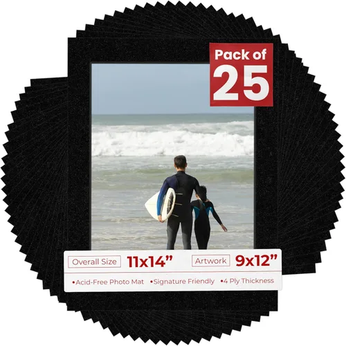 Paquete de 25 alfombrillas sin ácido de 11 x 14 pulgadas, corte biselado para fotos de 9 x 12 pulgadas, negro con núcleo negro precortadas con