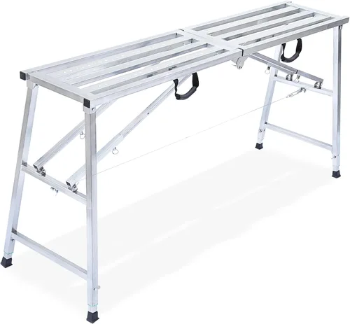 Vista 9 de Plataforma de andamio ajustable con capacidad de carga de 600 lb, escalera de acero, plataforma de trabajo plegable portátil para limpieza de RV