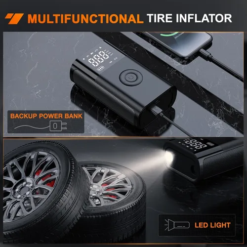 Vista 5 de Nilight Inflador de neumáticos, compresor de aire portátil, batería recargable de 12 V CC, 150 PSI, apagado automático inalámbrico con medidor
