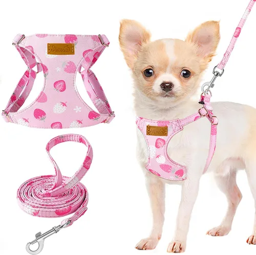 Vista 13 de Lukovee Juego de arnés y correa para cachorro, chaleco ajustable de gamuza suave y ligero sin tirones con hebilla a presión para cachorros pequeños