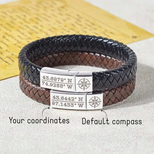 Vista 3 de RUGGEDGIFTS Pulsera coordinada para él, pulsera GPS para hombres, regalo de cumpleaños para novio, pulsera de coordenadas de cuero, pulsera