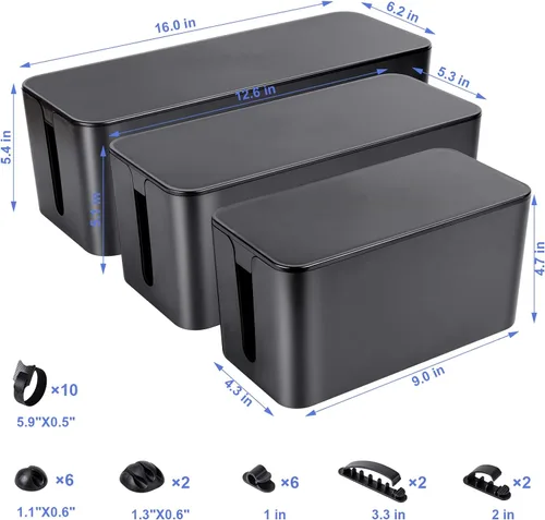 Vista 2 de Caja organizadora de cables, juego de tres, cubierta de alimentación, soporte de cables, protector contra sobretensiones para escritorio (negro)