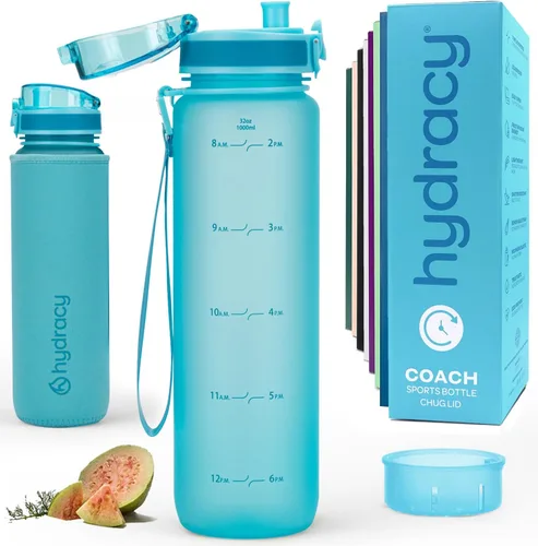Vista 31 de Hydracy Botella de agua con horas para beber marcadas, grande, sin bisfenol A, a prueba de fugas, funda anticondensación, para gimnasio, con colador