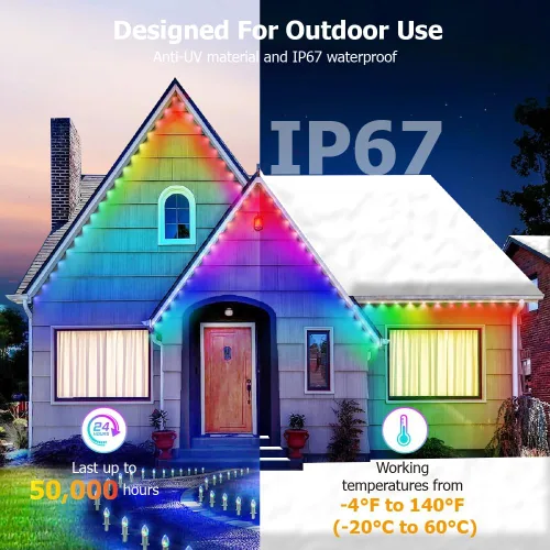 Vista 2 de Luz permanente para exteriores de 50 pies, luces exteriores inteligentes RGB Plus IC para casa, luz de cadena con control por aplicación/control