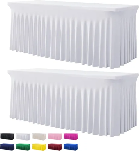 Vista 17 de Paquete de 2 manteles de elastano azul bebé para mesas rectangulares de 6 pies, manteles elásticos de 6 pies, falda de escritorio para fiestas