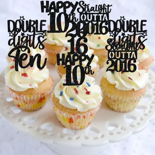 Vista 4 de 30 piezas de decoraciones para pastel de cumpleaños número 10, decoraciones de cupcakes negras con brillo, 10 feliz cumple, directo desde 2016, 10