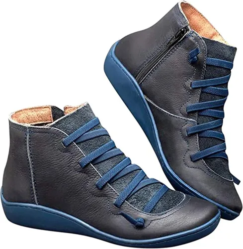 Vista 26 de Ladmiple Botas de tobillo para mujer, sin tacón, casual, con cremallera lateral, botas cortas vaqueras occidentales, zapatos para caminar