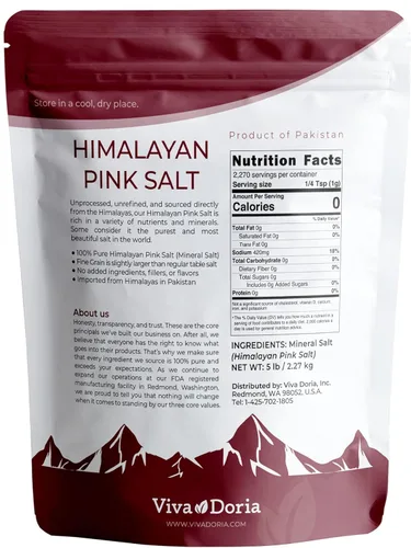 Vista 2 de Viva Doria Sal rosa del Himalaya, grano fino, certificado auténtico, 5 lb (2.27 kg)