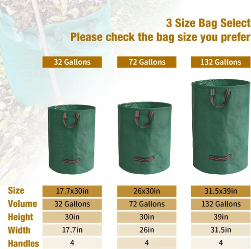 Vista 6 de koity Paquete de 3 bolsas de basura reutilizables de 132 galones, bolsas de césped verticales resistentes con 4 asas reforzadas para hojas de jardín