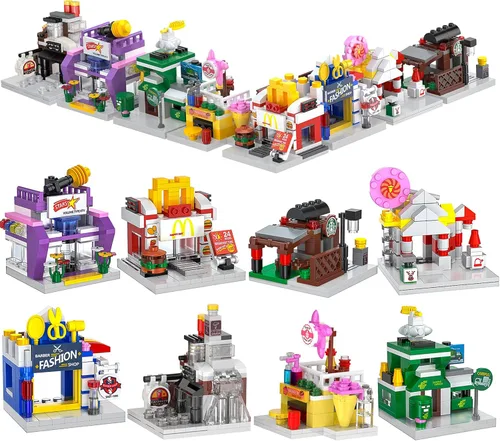 8 Packs Mini City Shop Street View Building Blocks Kit,MOC Construction Creative Educational Kit with Hair Salon & Café Store,Girls Boys Dream Toy
