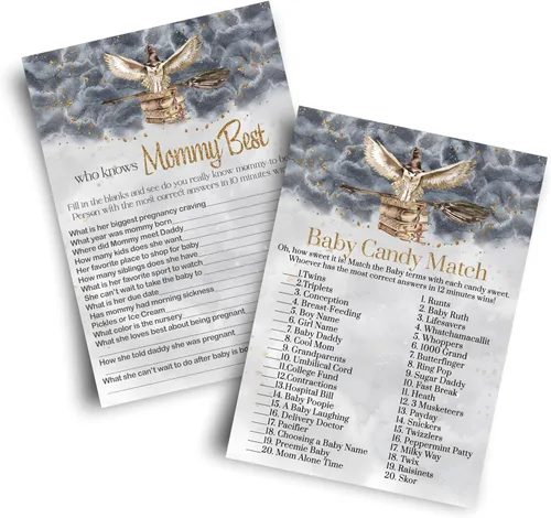Magic Owl - Juegos de baby shower – 25 Who Knows Mommy Best y 25 actividades a juego de dulces – Tarjetas de doble cara de 5 x 7 con tema de búho