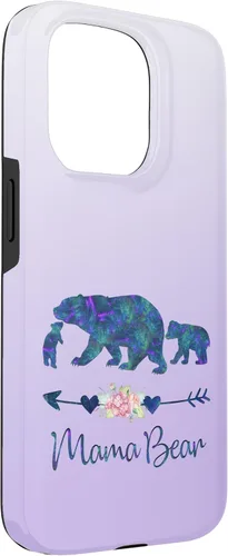 Vista 3 de Funda para iPhone 15 Pro, diseño floral de mamá oso y dos cachorros color verde azulado y morado