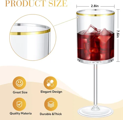 Vista 4 de Yaomiao Paquete de 12 copas de vino desechables de plástico transparente con tallo de 10 onzas, con borde dorado, reutilizables, para bodas