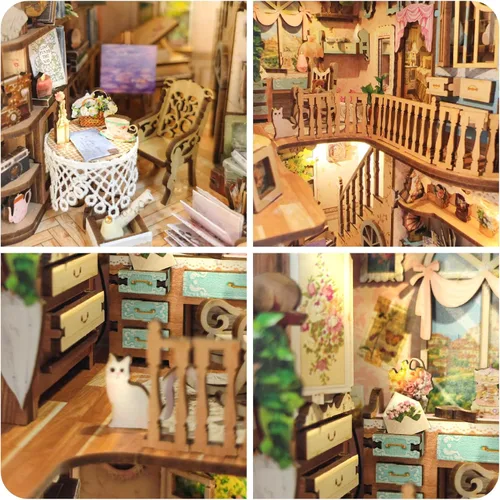 Vista 4 de Kit de bricolaje para rincón de libros, inserto de estantería para casa de muñecas, rompecabezas de madera 3D con cubierta antipolvo LED, kit