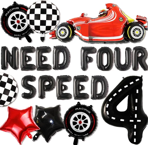 JeVenis Need Four Speed Birthday Decoration Need Four Speed Balloons Background Car Racing Car Decoración de 4º cumpleaños para niños 4º cumpleaños