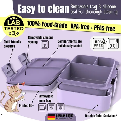 Vista 12 de BEARFOOT Lonchera infantil con compartimentos – Compacta y ligera A prueba de fugas, sin BPA, apta para lavavajillas Diseño dibujado a mano