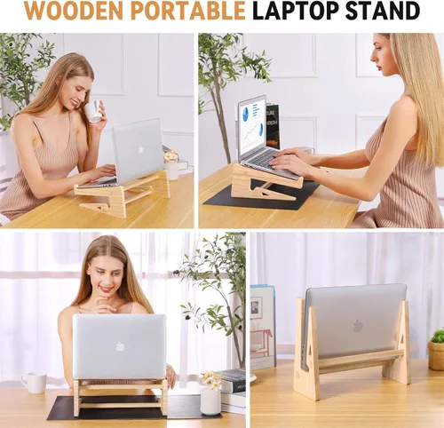 Vista 4 de Soporte de madera para laptop, soporte universal para computadora de escritorio, soporte vertical para MacBook Pro, elevador de madera para MacBook