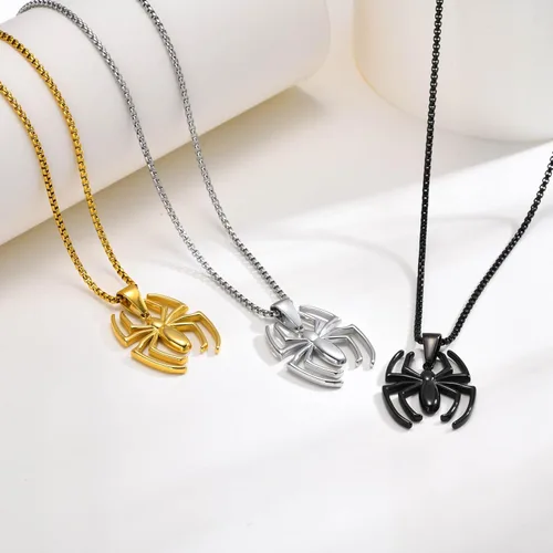 Vista 6 de Collar con colgante de araña, cadena de acero inoxidable, cadena de araña, plataoronegro, joyería de Halloween, accesorios de animales