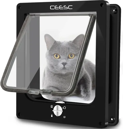 Vista 9 de CEESC Puerta de gato mediana para puerta interior/exterior, resistente a la intemperie, negra, puerta de mascota con bloqueo giratorio de 4 vías