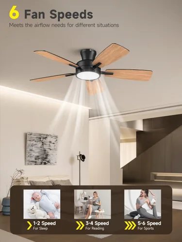 Vista 4 de TALOYA Ventiladores de techo con luces y control remoto, ventilador de techo de perfil bajo de 46 pulgadas con luz, montaje al ras, reversible, Negro