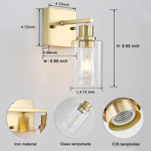 Vista 2 de Lámpara de baño dorada de 1 luces, lámpara de tocador de latón cepillado con pantalla de vidrio transparente, luces de pared de baño modernas